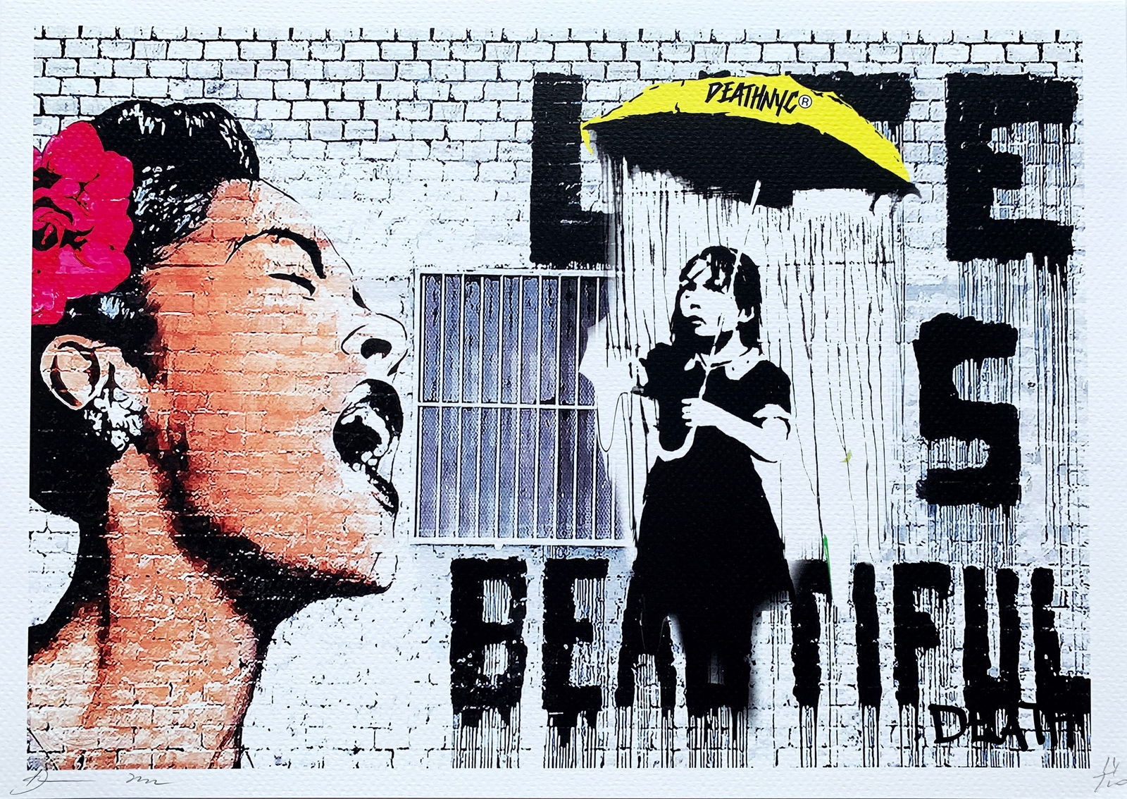 Death NYC Banksy Life is beautiful: Title: Death NYC Banksy Life is beautiful Date/Period:21st Century Materials: Giclee on Fine art 300 gsm paper Size:17 3/4 x 12 1/2 inches Description:Artist: Death NYC, limited edition giclee on pape