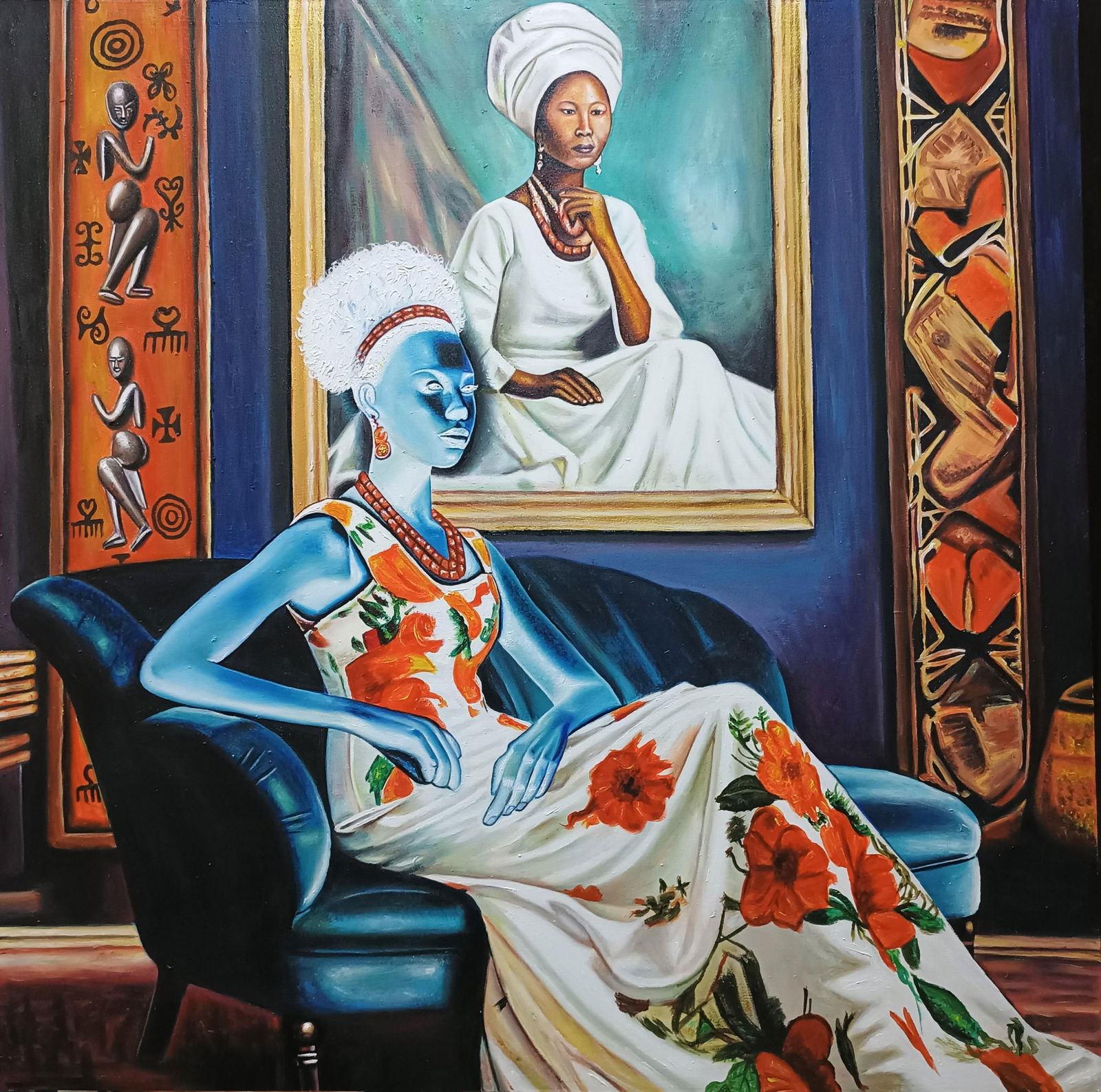 Mayowa Adekile, Elegant Soul of Lady Asake - 21st Century, Contemporary, Figurative Art, Women,: Creator: Mayowa Adekile (1993, Nigerian) Creation Year: 2024 Dimensions: Height: 36 in (91.44 cm)Width: 36 in (91.44 cm)Depth: 1 in (2.54 cm) Medium: Canvas,Oil,Acrylic Movement & Style: Contemporary