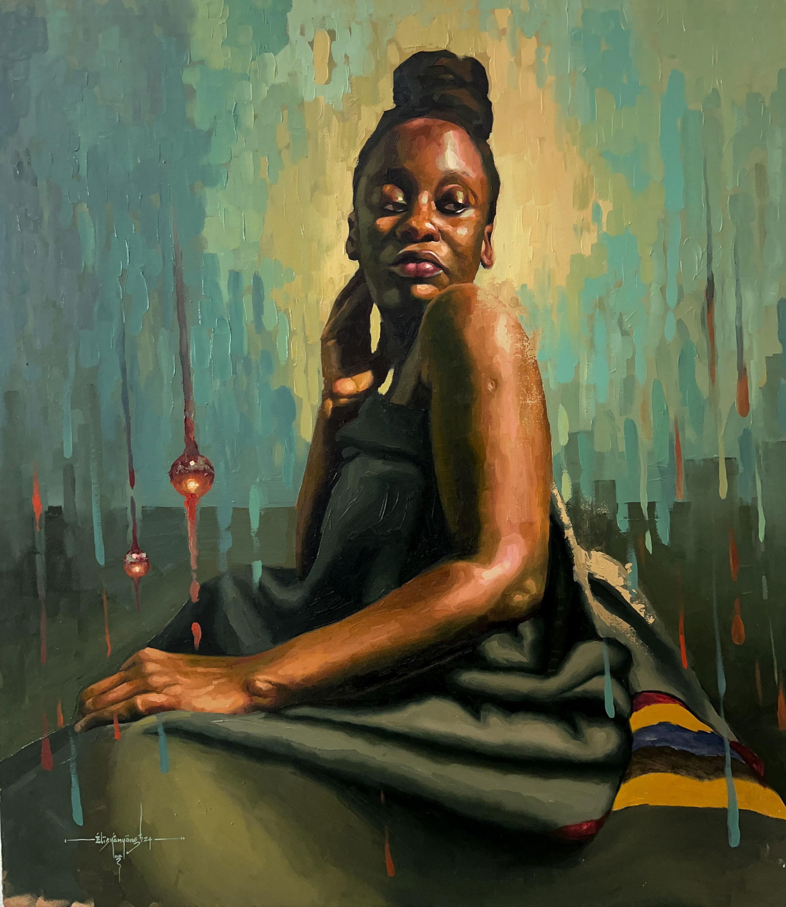 Elisha Nyong, To The One Who Knows 1 - 21st Century, Contemporary, Figurative Portrait, Women, 2024: Creator: Elisha Nyong (1996, Nigerian) Creation Year: 2024 Dimensions: Height: 45 in (114.3 cm)Width: 40 in (101.6 cm)Depth: 1 in (2.54 cm) Medium: Oil,Linen Movement & Style: Expressionist Period: 21