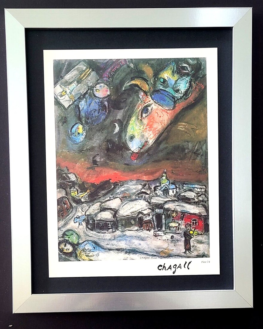 MARC CHAGALL + 1975 BEAUTIFUL SIGNED PRINT MOUNTED AND FRAMED: This is a Beautiful and Scarce 1975 Print after MARC CHAGALL FACSIMILE INK SIGNED From his Lithographs Collection Mounted and Framed in a 14x11 New Frame. Printed in Italy in 1975 after the Iconic Art