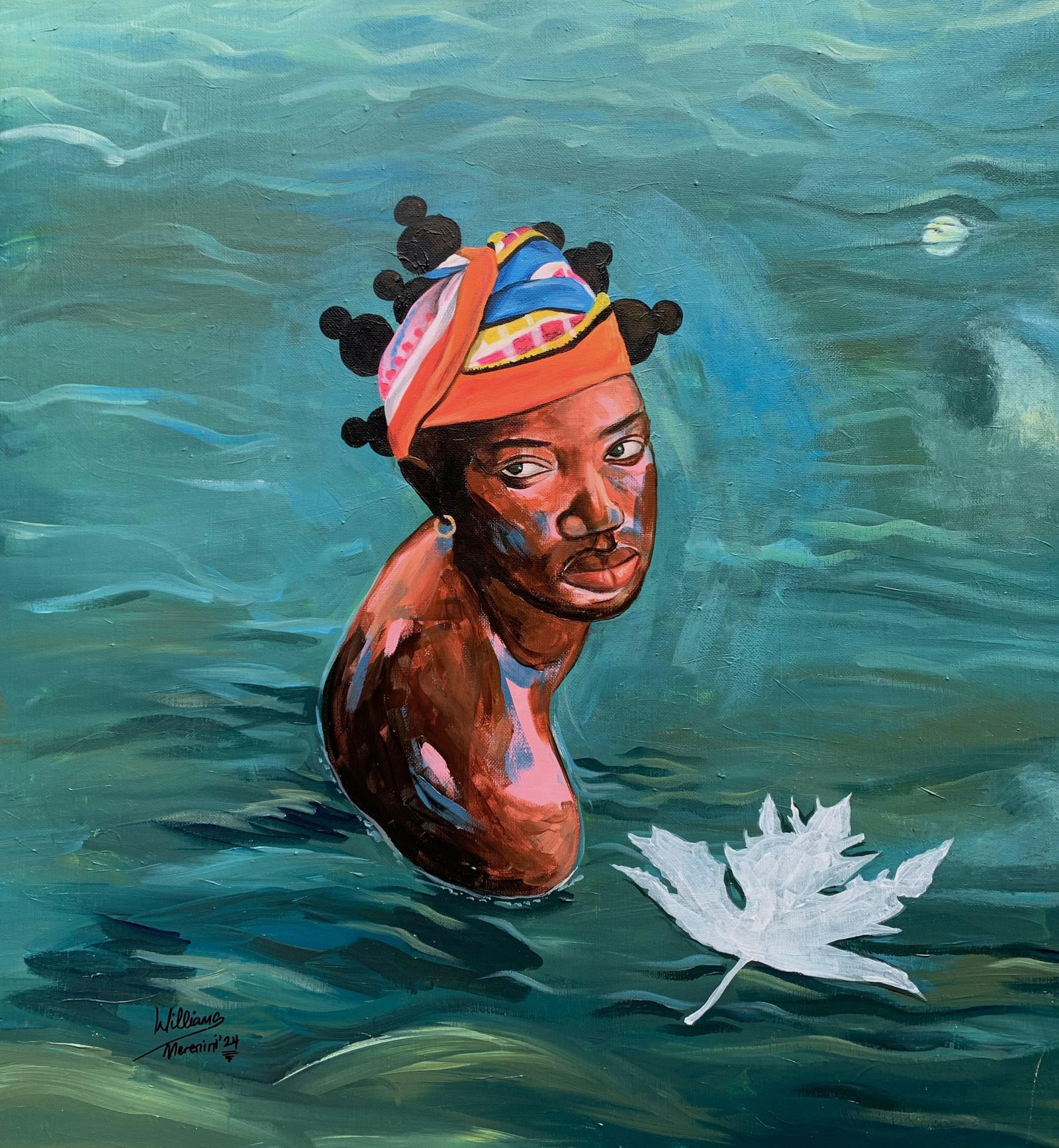 Merenini Williams, God, Look Down - 21st Century, Contemporary, Figurative Portrait, Women, Ocean,: Creator: Merenini Williams (2000, Nigerian) Creation Year: 2024 Dimensions: Height: 24 in (60.96 cm)Width: 24 in (60.96 cm)Depth: 1 in (2.54 cm) Medium: Canvas,Acrylic Movement & Style: 