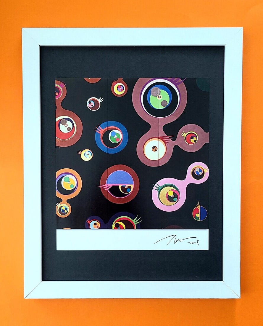 TAKASHI MURAKAMI + AWESOME SIGNED ART PRINT FROM JAPAN + WITH NEW FRAME 14x11in.: We have for Sale this Framed Print After TAKASHI MURAKAMI AWESOME VINTAGE PRINT ON GLOSSY PAPER FACSIMILE SIGNED IN INK FULL OF COLOR PRINT FRAME COVERS AN AREA OF 15 X 12 in MOUNTED AND FRAMED 