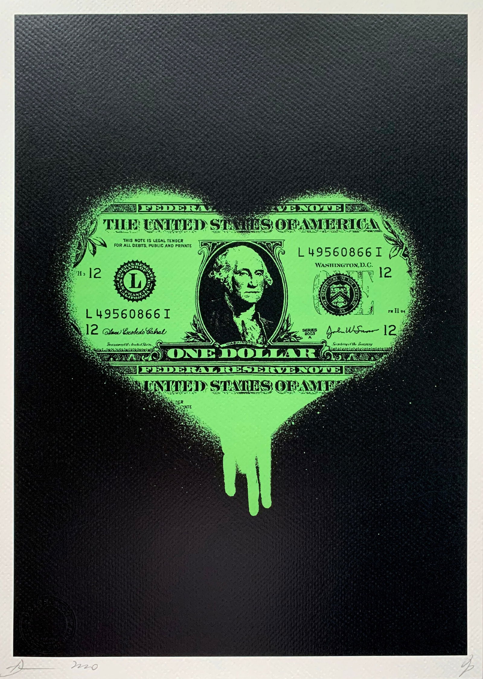 Death NYC Dollar Bill: Title: Death NYC Dollar BillDate/Period:21st CenturyMaterials: Giclee on Fine art 300 gsm paperSize:17 3/4 x 12 1/2 inchesDescription:Artist: Death NYC, limited edition giclee on paper, out of