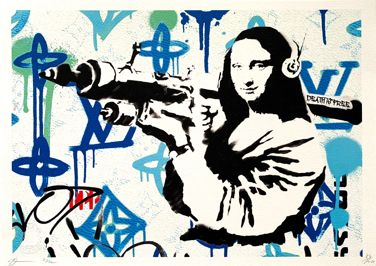Death NYC Banksy Mona Lisa: Title: Death NYC Banksy Mona LisaDate/Period:21st CenturyMaterials: Giclee on Fine art 300 gsm paperSize:17 3/4 x 12 1/2 inchesDescription:Artist: Death NYC, limited edition giclee on paper, out of