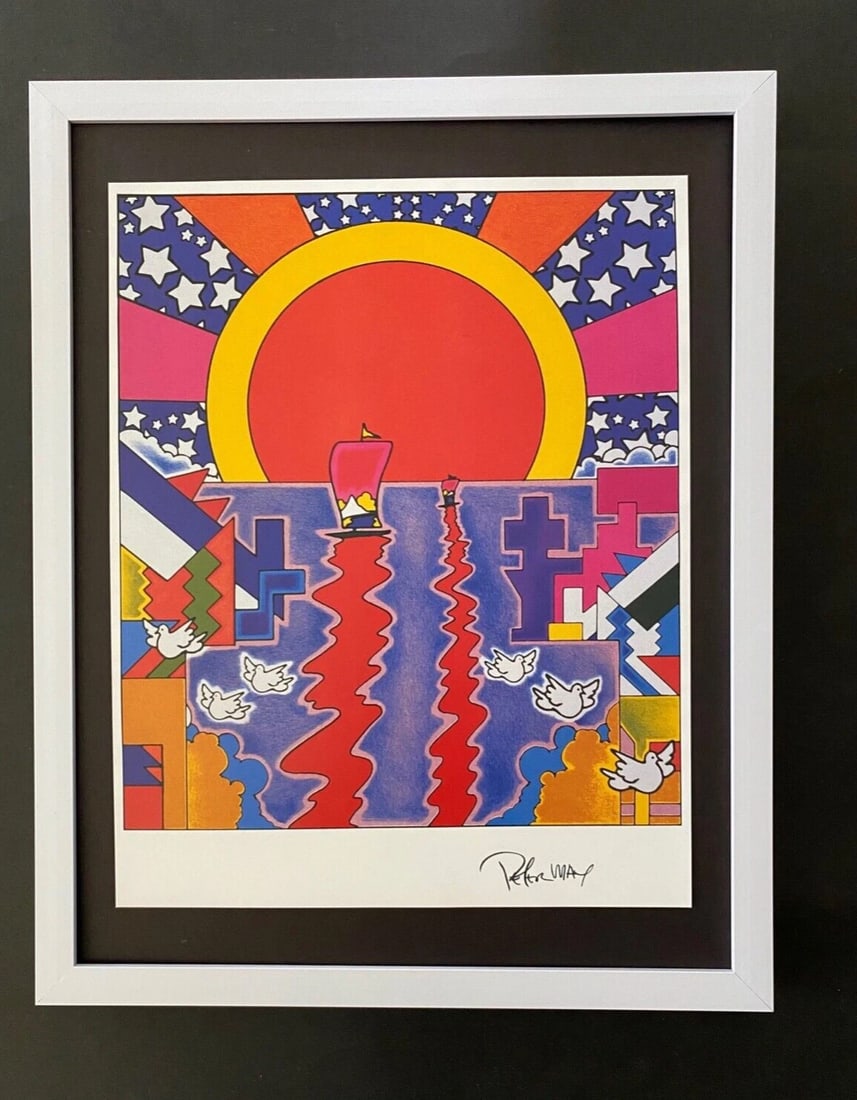 PETER MAX + BEAUTIFUL + SIGNED PRINT + NEW FRAME: We have for Sale this Print After PETER MAX AWESOME PRINT ON GLOSSY PAPER FACSIMILE SIGNED IN INK FULL OF COLOR PRINT SIZE OF THE PRINT IS ABOUT : 10 X 8 in FRAME COVERS AN AREA OF 15 X 12 in MOUNTED