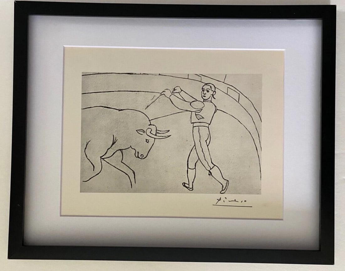 PABLO PICASSO + 1960 SIGNED TOREROS PRINT MATTED & FRAMED: This is a Beautiful and Scarce 1961 Print after PABLO PICASSO DIBUJO DE TOROS with facsimile Signature in ink from His Collection Dessins de Tauromachie Matted and Framed covering an area of 15x12 in.