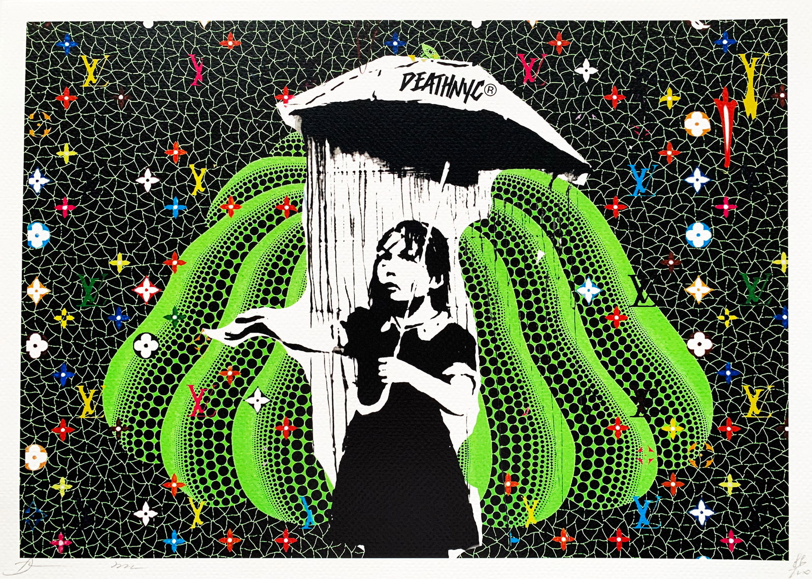 Death NYC Banksy Umbrella Girl Kusama: Title: Death NYC Banksy Umbrella Girl Kusama Date/Period:21st Century Materials: Giclee on Fine art 300 gsm paper Size:17 3/4 x 12 1/2 inches Description:Artist: Death NYC, limited edition giclee on p