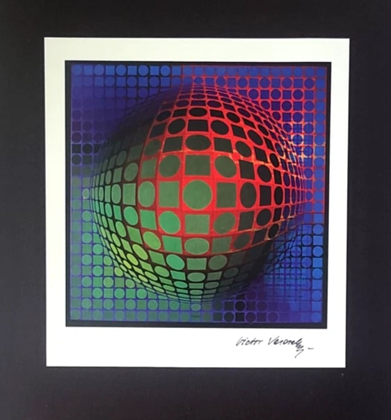 VICTOR VASARELY + SIGNED GEOMETRIC ABSTRACT PRINT FROM 1970 + NEW FRAME 14x11in. - 2