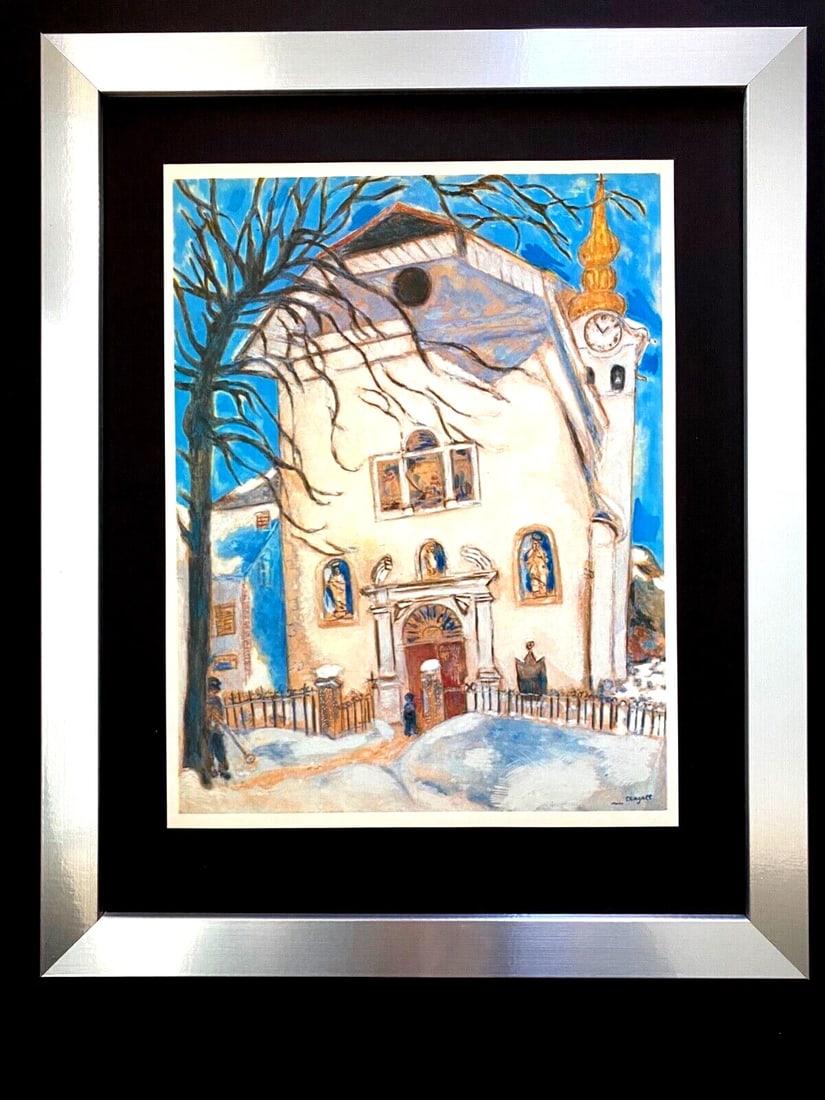 MARC CHAGALL + 1973 BEAUTIFUL SIGNED PRINT FRAMED + BEAUTIFUL: This is a Beautiful 1973 Offset Lithographic Print After MARC CHAGALL SNOW COVERED CHURCH Signed on the Plate Size is about 11 X 9 in. Mounted over an acid free black cardboard 14 x11. NEW SILVER FRAM