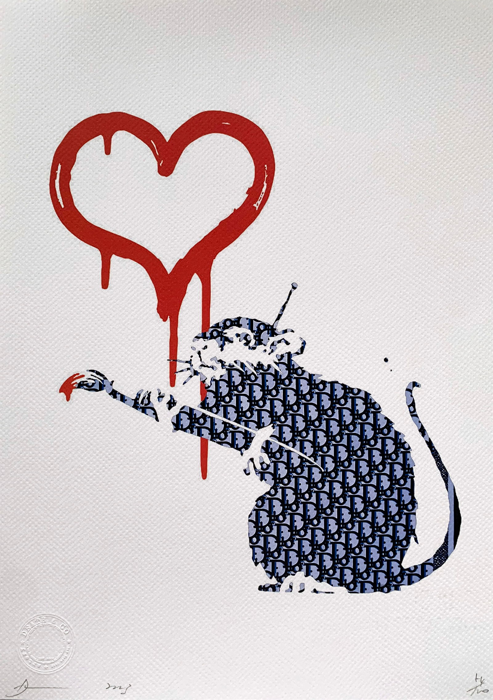 Death NYC Banksy Rat Dior: Title: Death NYC Banksy Rat Dior Date/Period:21st Century Materials: Giclee on Fine art 300 gsm paper Size:17 3/4 x 12 1/2 inches Description:Artist: Death NYC, limited edition giclee on paper, out of