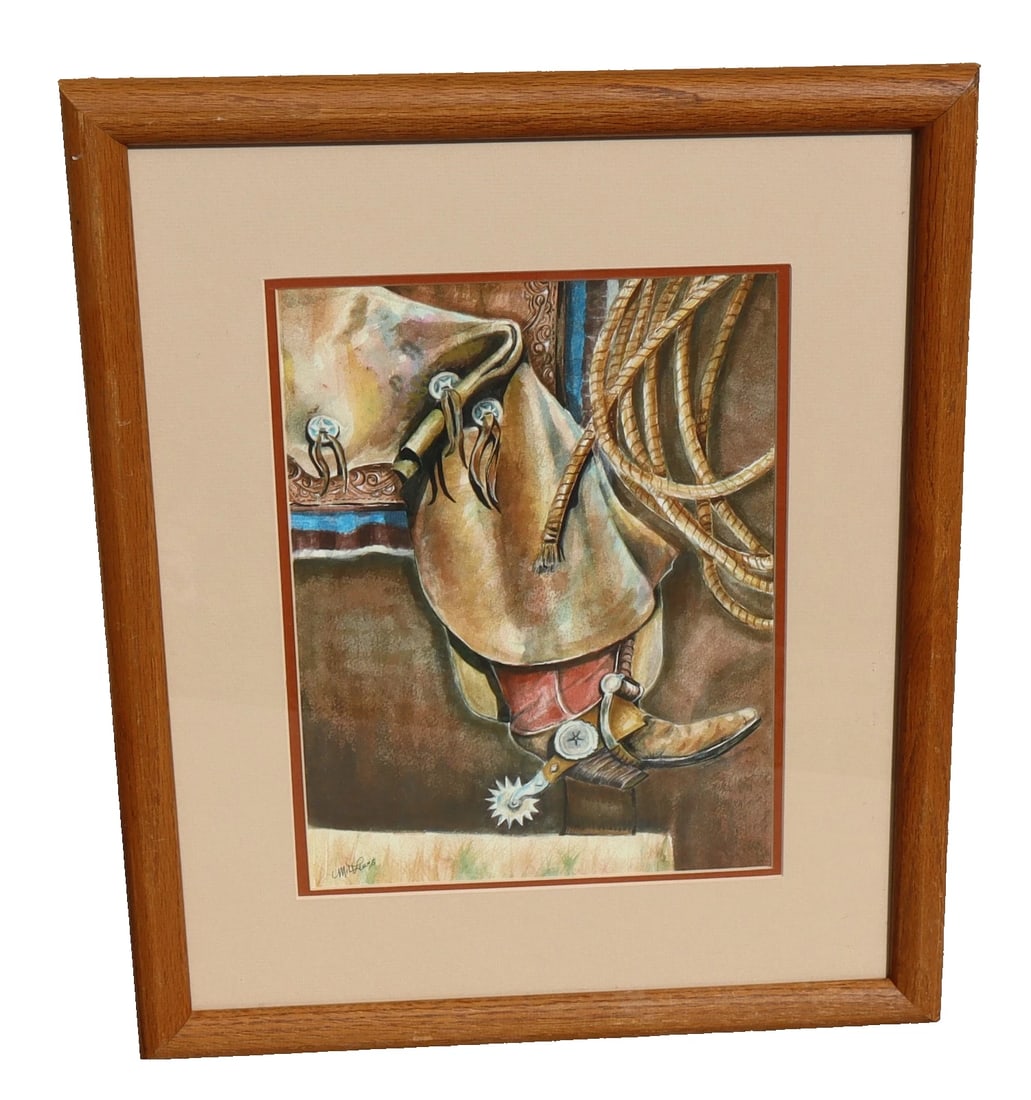 MILTON LEWIS Original watercolor painting Boot, Spur, Chaps, Ropes & Saddle - 2