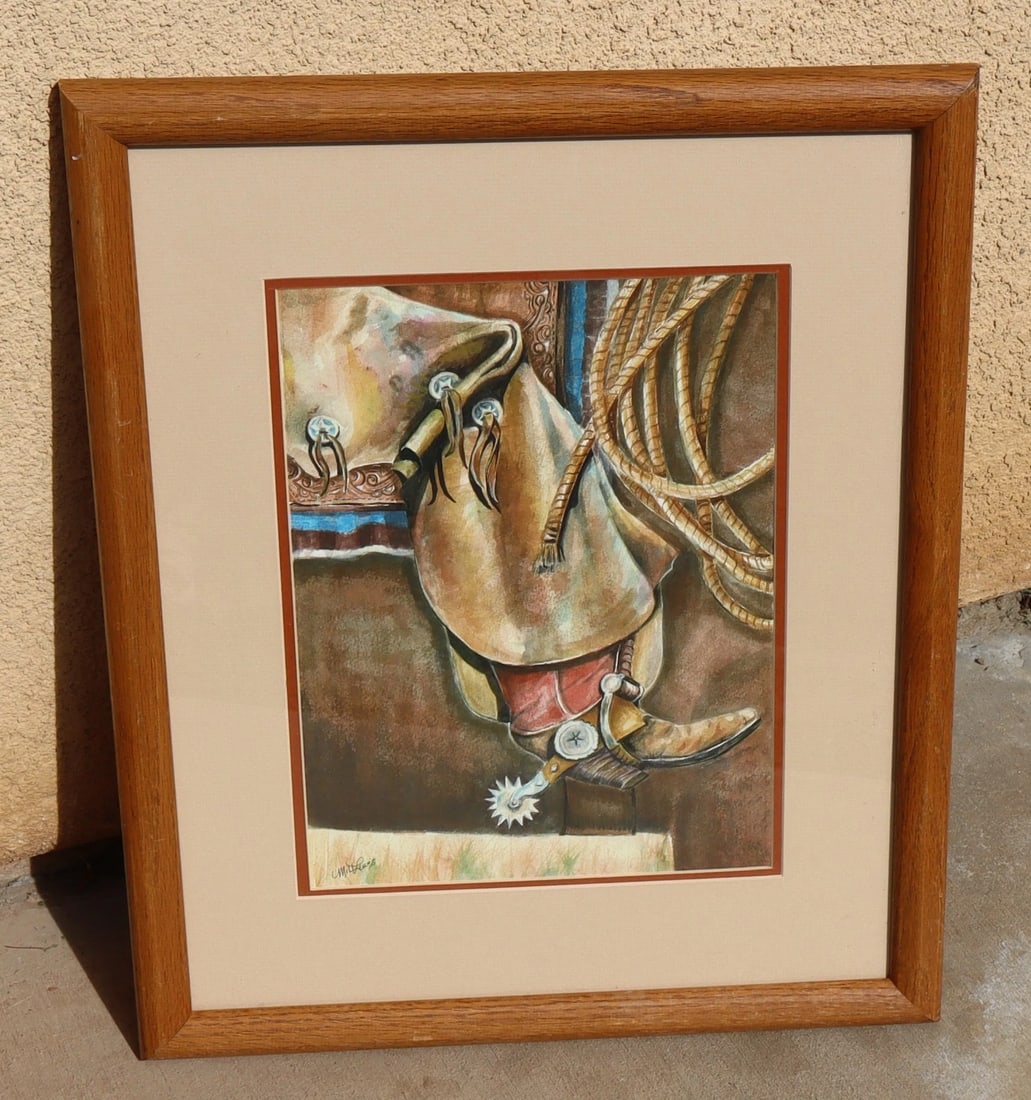 MILTON LEWIS Original watercolor painting Boot, Spur, Chaps, Ropes & Saddle - 3