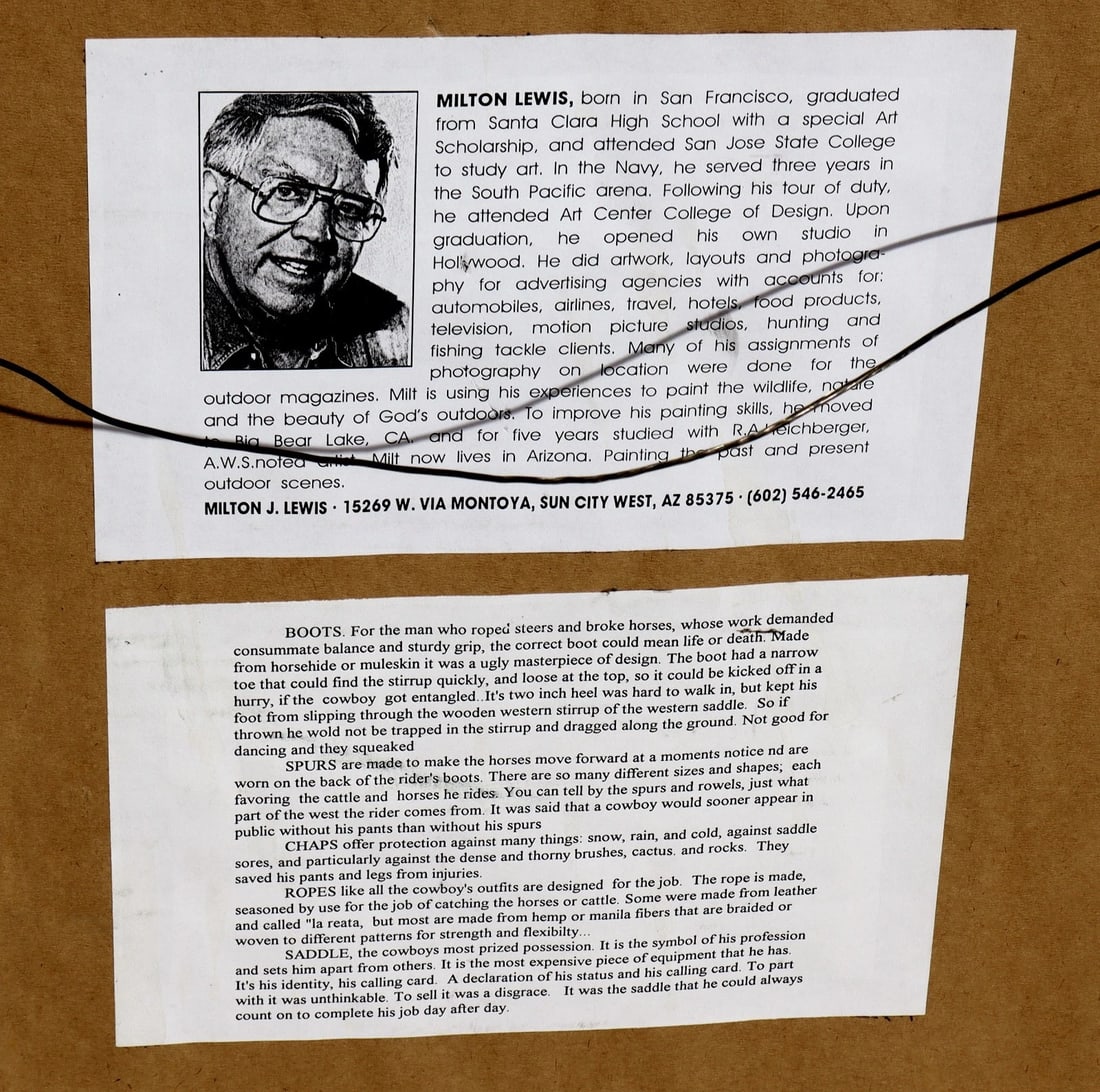 MILTON LEWIS Original watercolor painting Boot, Spur, Chaps, Ropes & Saddle - 6