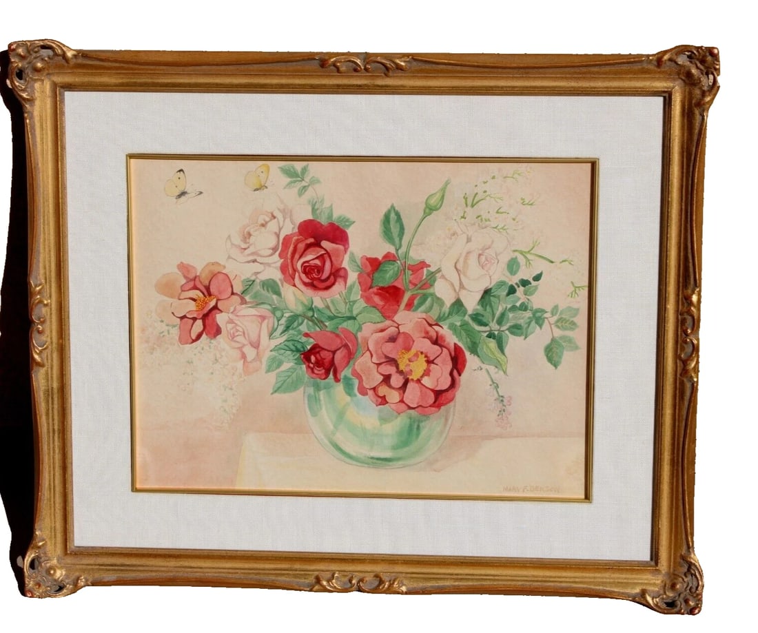 Vintage watercolor Butterflies and a Vase of Roses - 2