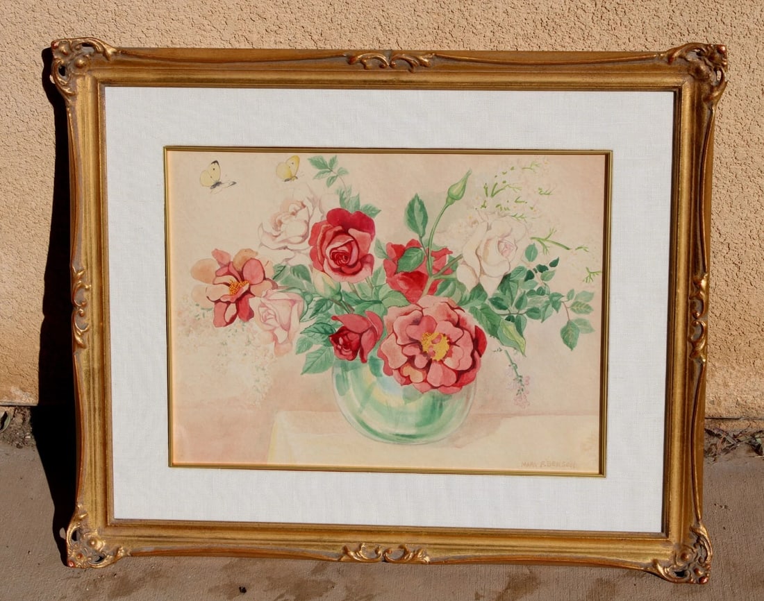 Vintage watercolor Butterflies and a Vase of Roses - 3