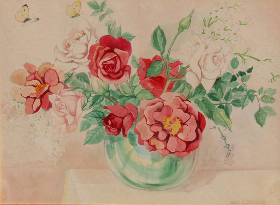 Vintage watercolor Butterflies and a Vase of Roses - 4