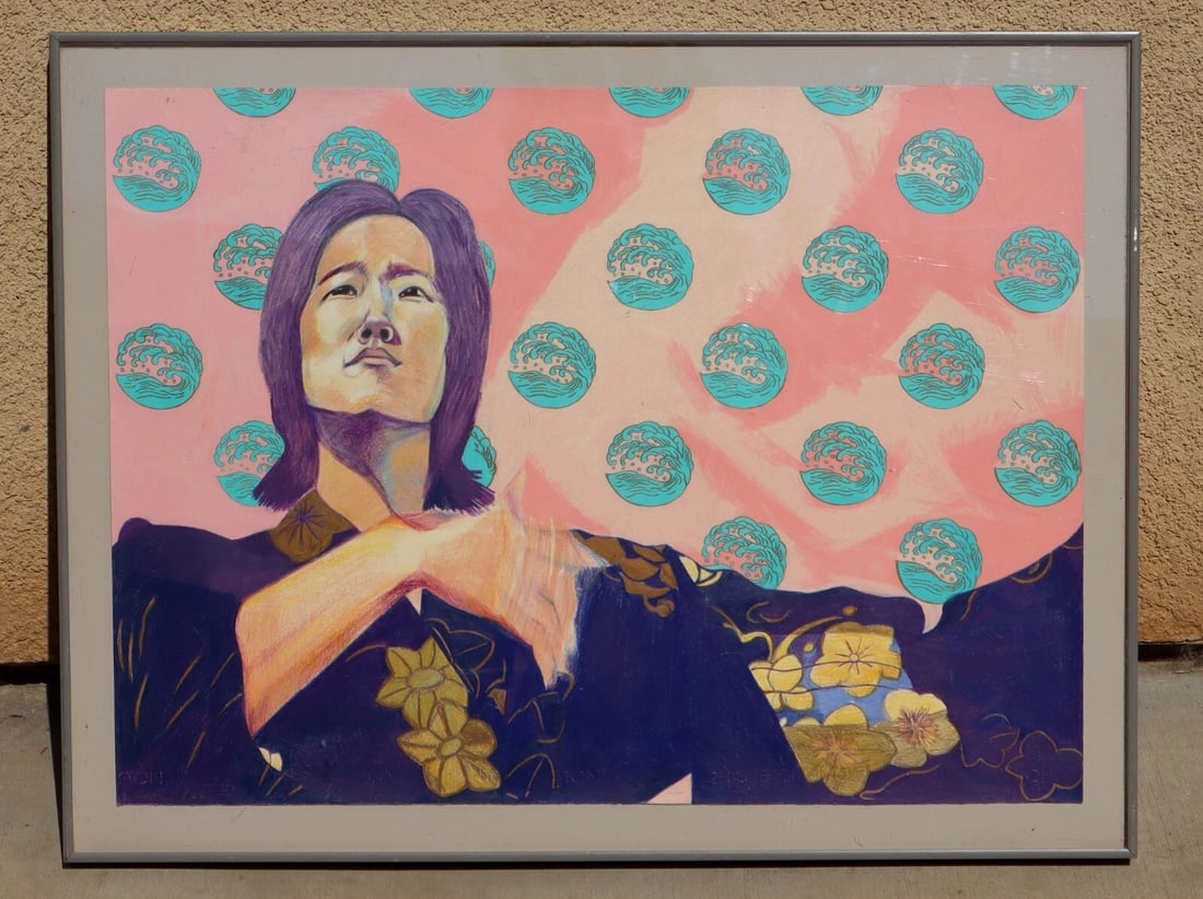 Artist Unidentified Modernist Japanese Man in a Kimono Mixed Media Painting: Title: Artist Unidentified Modernist Japanese Man in a Kimono Mixed Media PaintingDescription: Artist unidentified. Original Mixed Media Painting. Japanese Man in a Kimono with Swirls in the