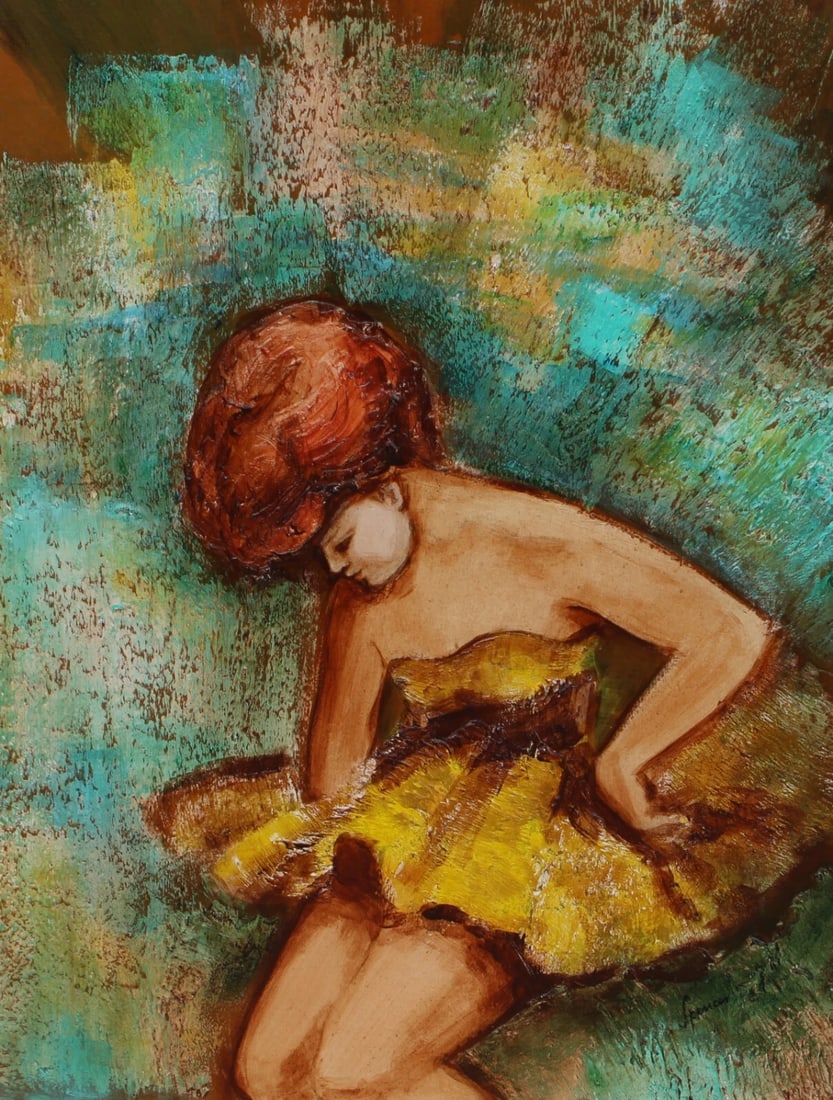 Mid Century Modernist oil painting Dancing Ballerina Signed Spencer - 3