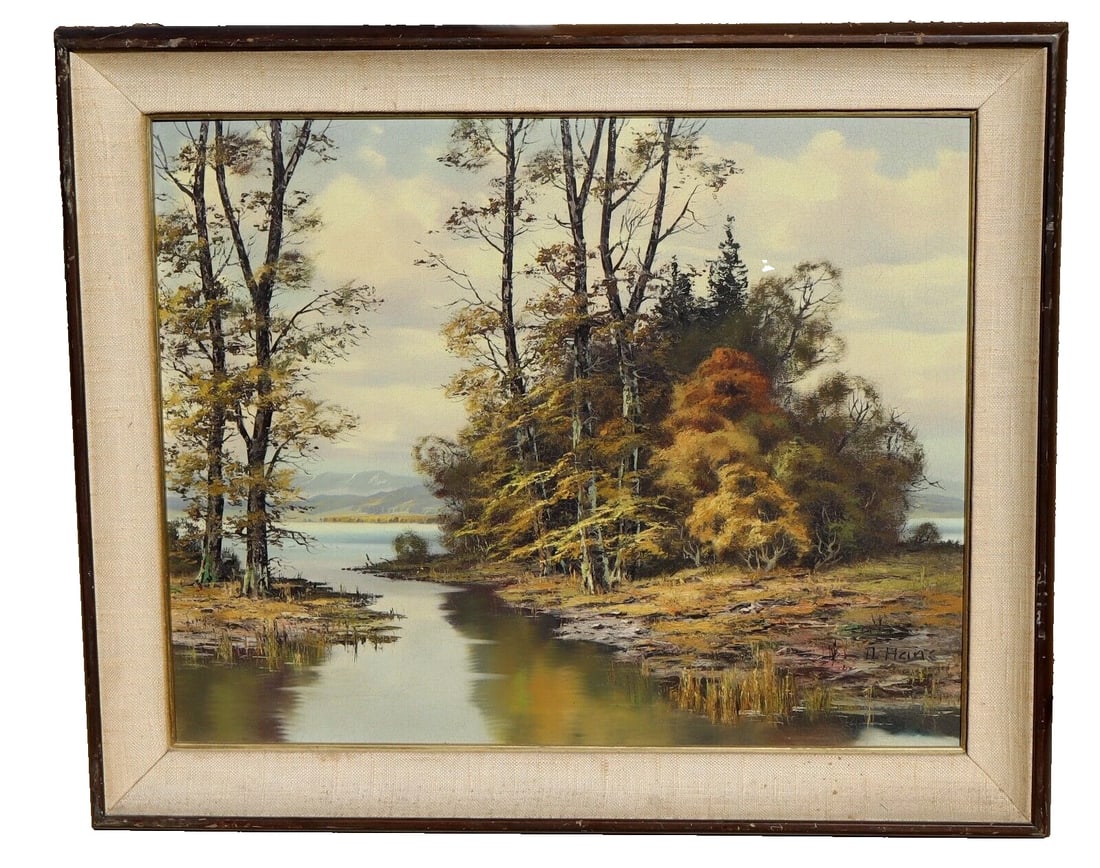 Artist Unidentified Vintage oil painting of a Landscape with Trees and River (1 of 8)