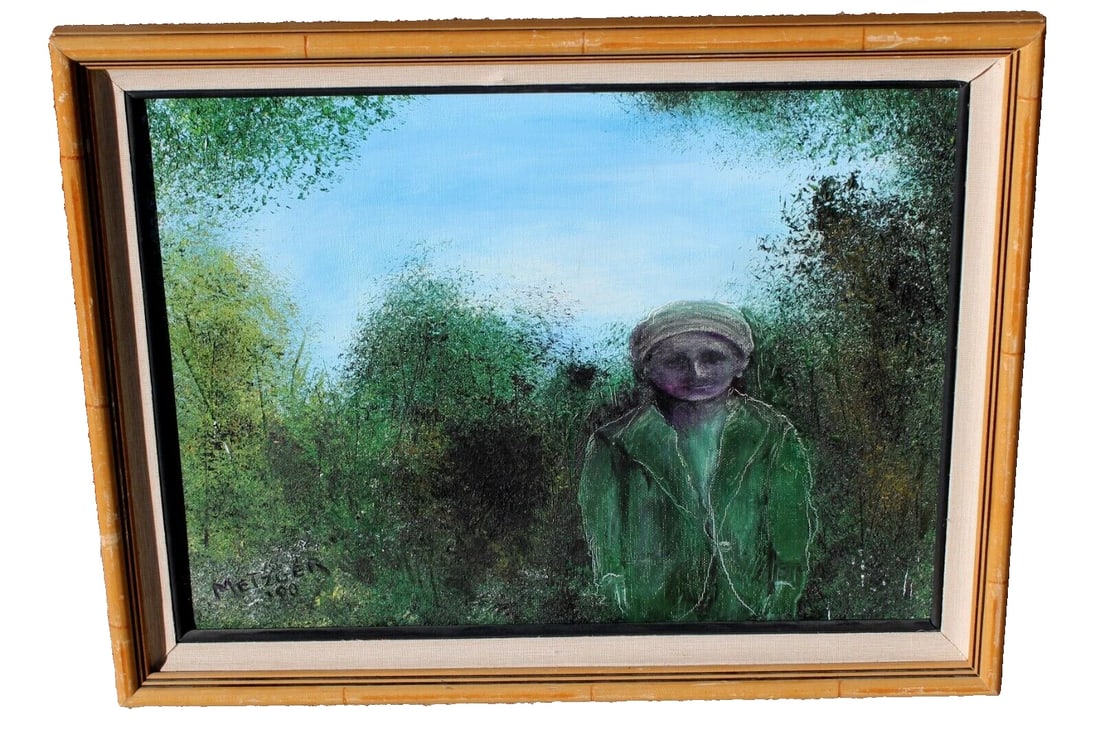 Figure Standing in Front of a Forest signed Metzger '90 oil painting: Title: Figure Standing in Front of a Forest signed Metzger '90 oil paintingDescription: Figure Standing in front of a Forest, 12" x 16" oil on canvas (framed size: 15" x 18-1/2") signed/dated lower