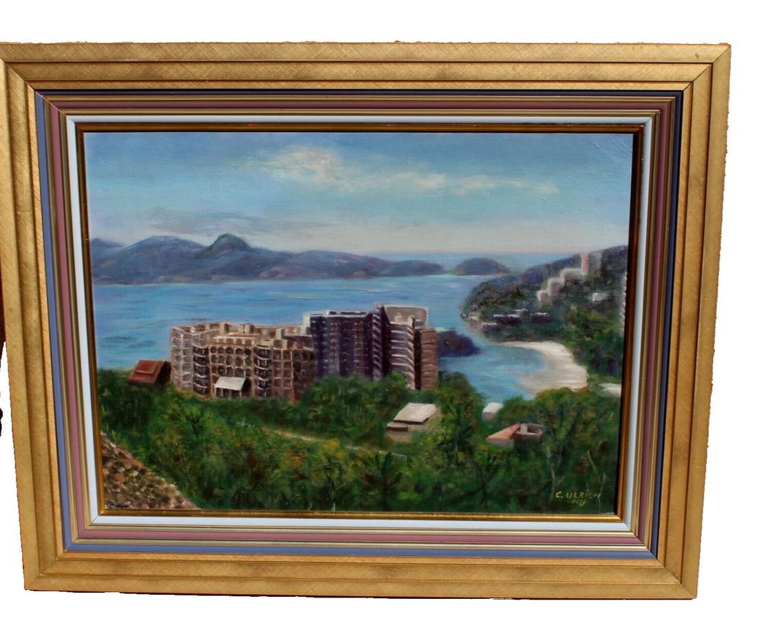 C. ULRICH Mid Century Island Hotel in a Cove oil painting Hawaii?: Title: C. ULRICH Mid Century Island Hotel in a Cove oil painting Hawaii?Description: C. Ulrich. Mid Century Island Hotel in a Cove, Hawaii??? 18" x 24" oil on canvasboard (framed size: 25-1/2" x