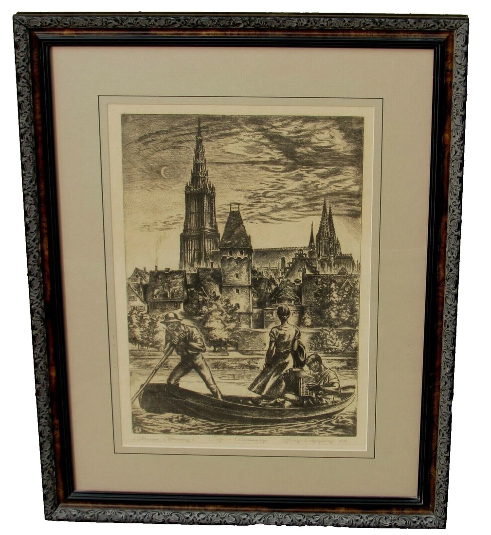 Mystery Artist Original Etching Musical Couple in a Gondola by a European City: Title: Mystery Artist Original Etching Musical Couple in a Gondola by a European CityDescription: Mystery Artist. Musical Couple in a Gondola with a Gondolier near a City, 1946, 15-1/2" x 10-1/2"