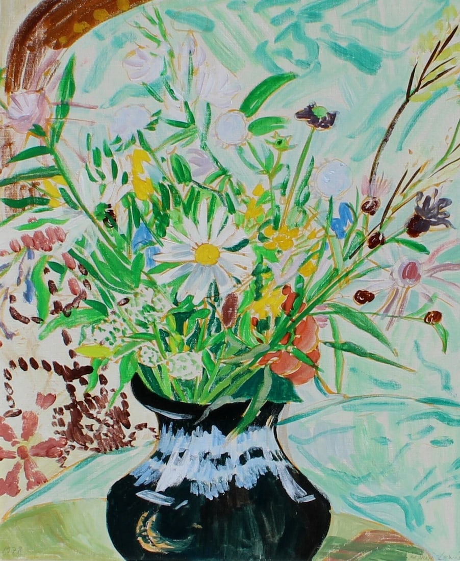 MARGRET HUGI-LEWIS Modern Floral Still Life 1978 oil Jerry Solomon Frame - 3