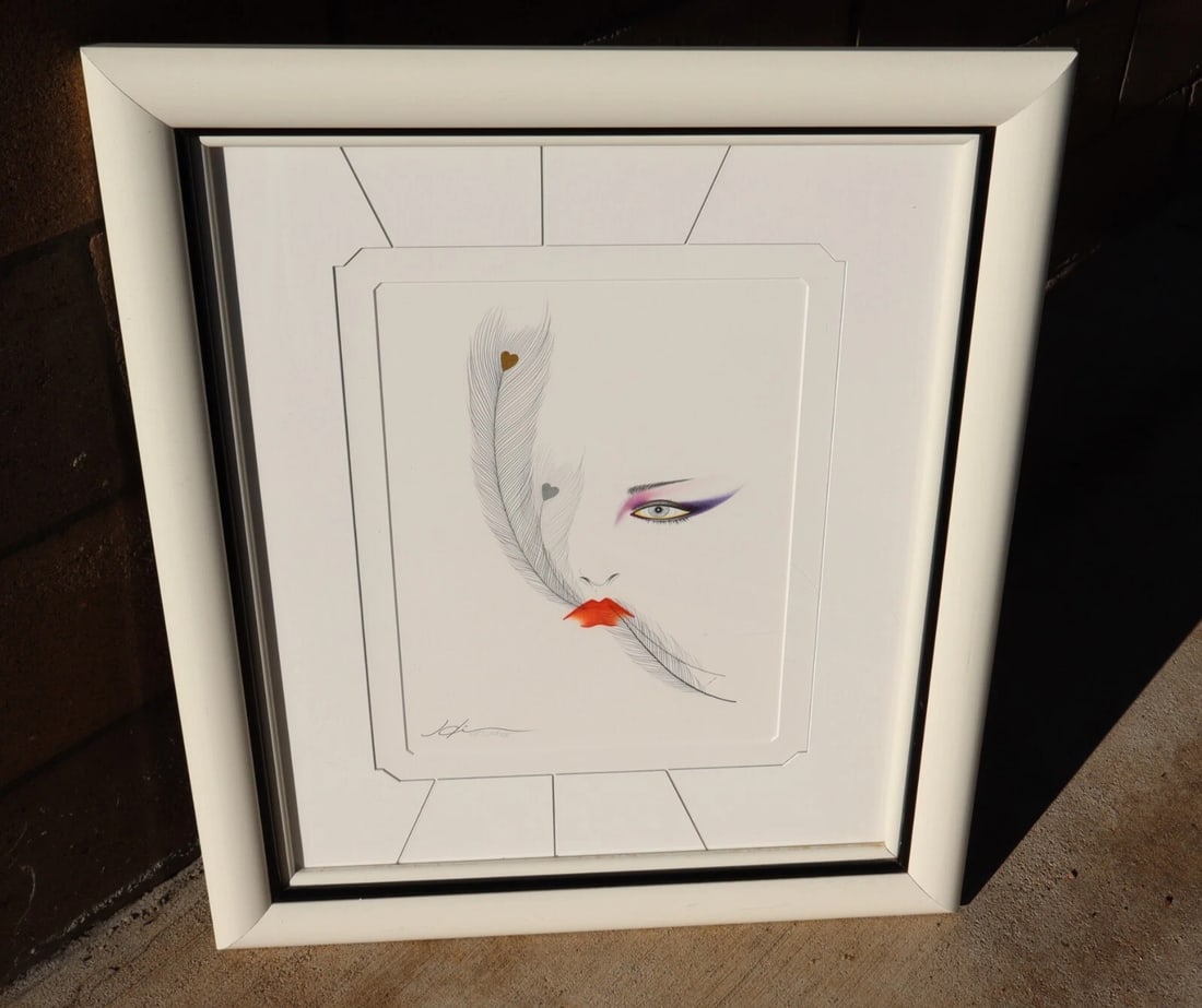 HISASHI OTSUKA Face of a Woman w Feathers & Hearts ORIGINAL Mixed Media on Paper: Title: HISASHI OTSUKA Face of a Woman w Feathers & Hearts ORIGINAL Mixed Media on PaperDescription: Hisashi Otsuka (b. 1948). ORIGINAL MIXED MEDIA ON PAPER. Face of a Woman with Feathers and Hearts