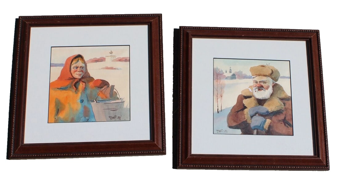 Mystery Artist Pair of Russian Original Watercolors Man Smoking & Woman w/ Scarf (1 of 5)