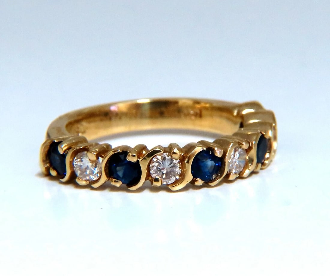 .90ct Natural Round Sapphires Diamonds Band 14 Karat: Title: .90ct Natural Round Sapphires Diamonds Band 14 Karat Description: Classic Diamond & Sapphires, S Band .50ct. Natural Round Cut Sapphires Vibrant Royal Blue & transparent Full cut and Full