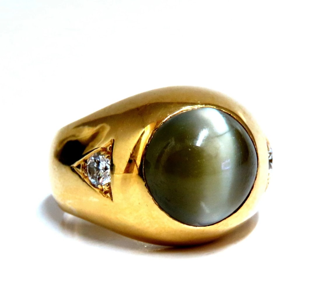 GIA Certified Natural Chrysoberyl Cats Eye Mens Diamond Signet Ring 18kt - 2