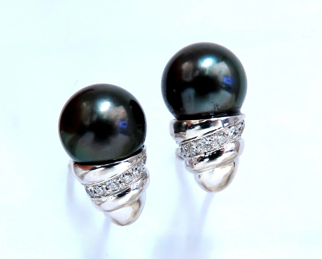 11mm natural tahitian pearl & .50ct diamonds raised cap earrings 14kt** (1 of 9)