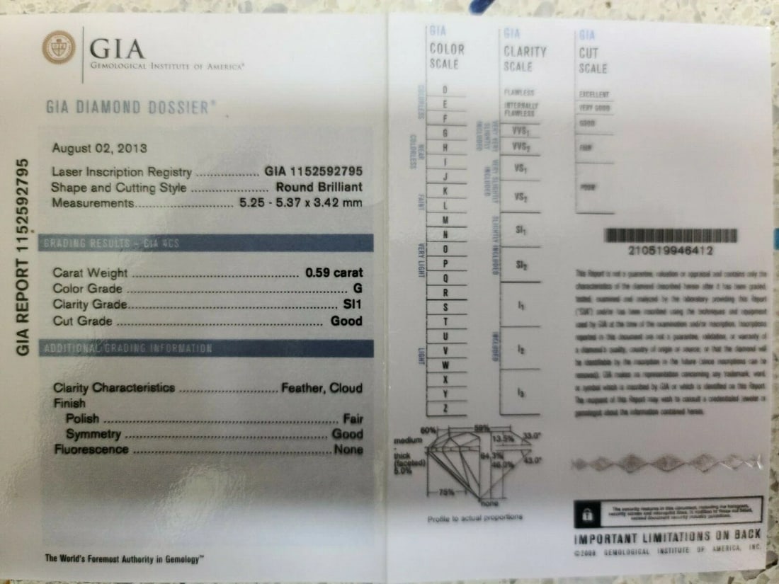 GIA Certified .59ct round cut diamond Raised Crown ring Flush 14Kt - 10