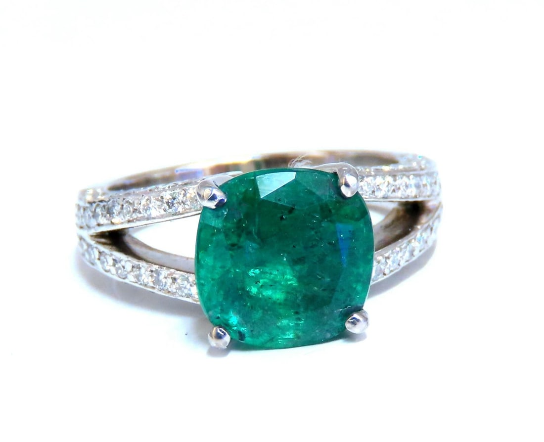 5.30ct Natural Cushion Emerald Diamonds Ring Platinum Split Shank Fine Green** (1 of 9)