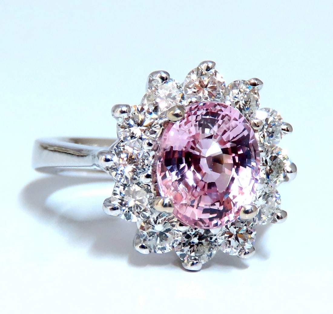 GIA Certified 3.58ct Natural Padparadscha Pink Sapphire Diamond Ring Fine: Title: GIA Certified 3.58ct Natural Padparadscha Pink Sapphire Diamond Ring Fine Description: Classic Halo Cluster GIA Certified 3.58ct. Natural Padparadscha Pink Sapphire ring. Report: 6197433099 Ova