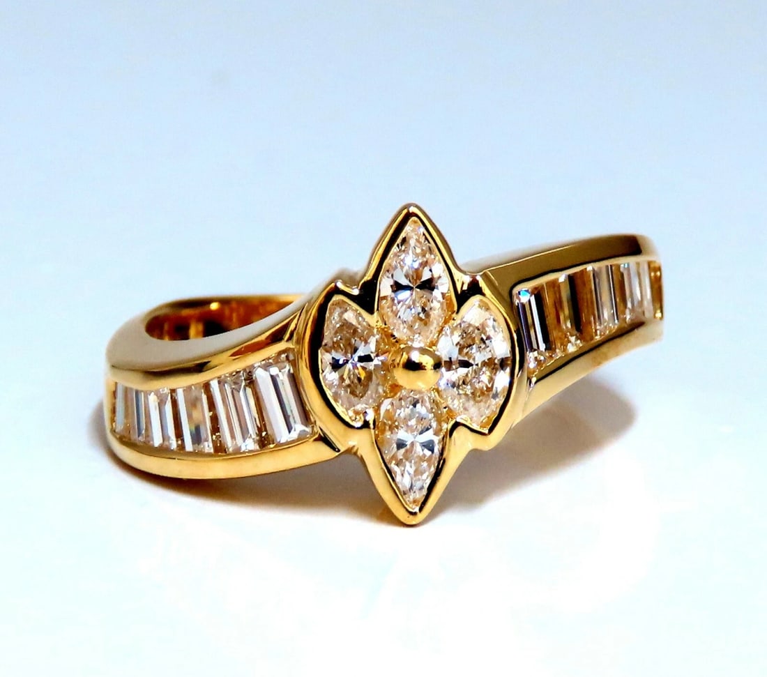 1.10ct. Natural Marquise Diamonds Cluster Ring 18kt Baguette Accents - 2