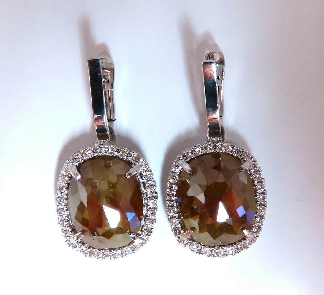 14.62ct Natural Fancy Brown Diamonds Dangle Earrings 14kt gold**: Title: 14.62ct Natural Fancy Brown Diamonds Dangle Earrings 14kt gold** Description: Natural Fancy Brown Color Diamonds Dangle Earrings 14.62ct. 13.1 x 11.7mm each. Translucent 1.10cts of natural
