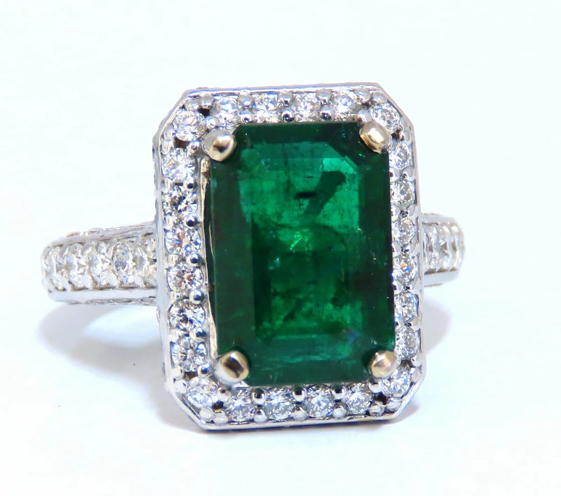 5.52ct Natural Vivid Green Emerald Diamonds Ring 14kt Mod Halo Bead Set Deco (1 of 6)