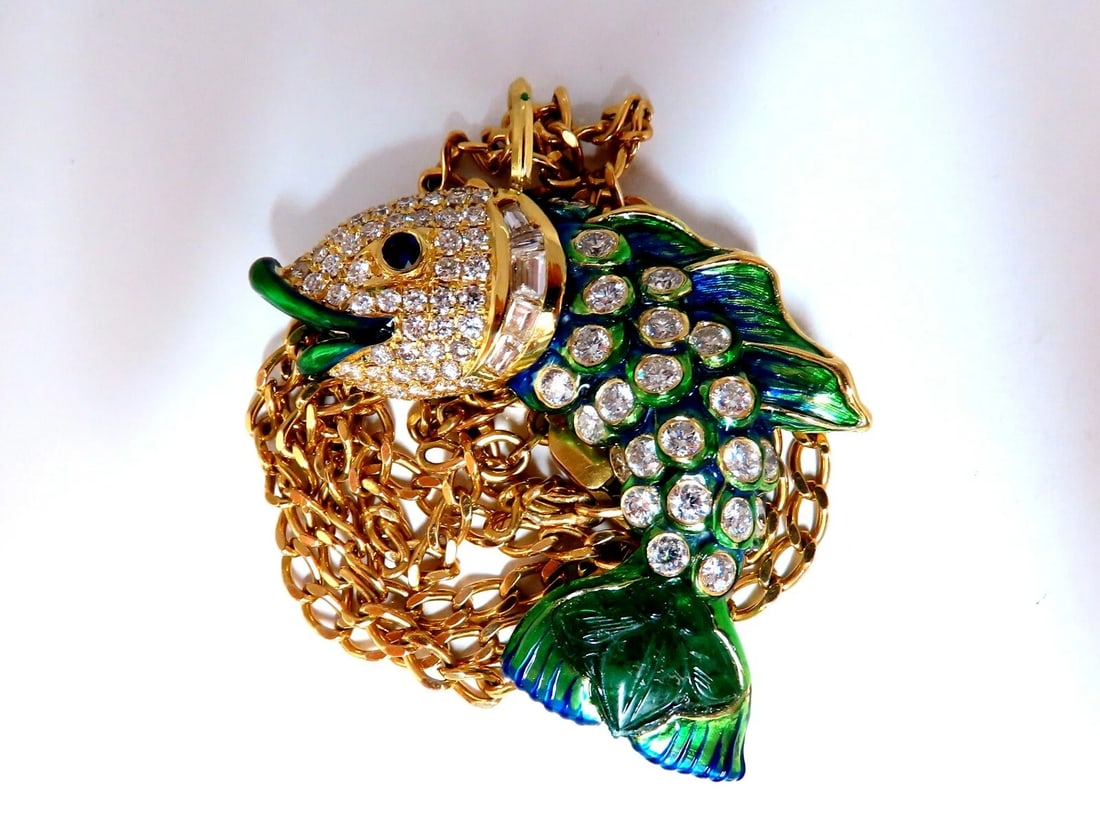 10.12ct Natural Sapphire Emerald & Diamonds Enamel Fish Pendant 18kt ** - 4