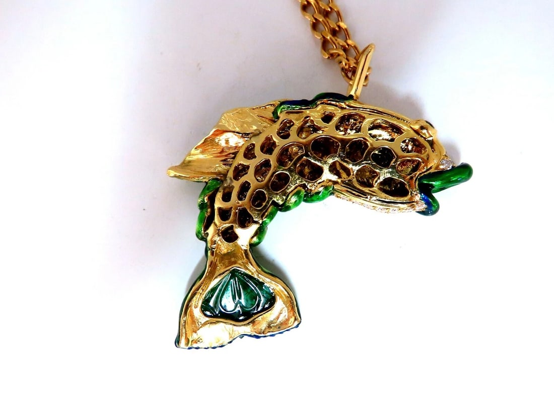 10.12ct Natural Sapphire Emerald & Diamonds Enamel Fish Pendant 18kt ** - 9
