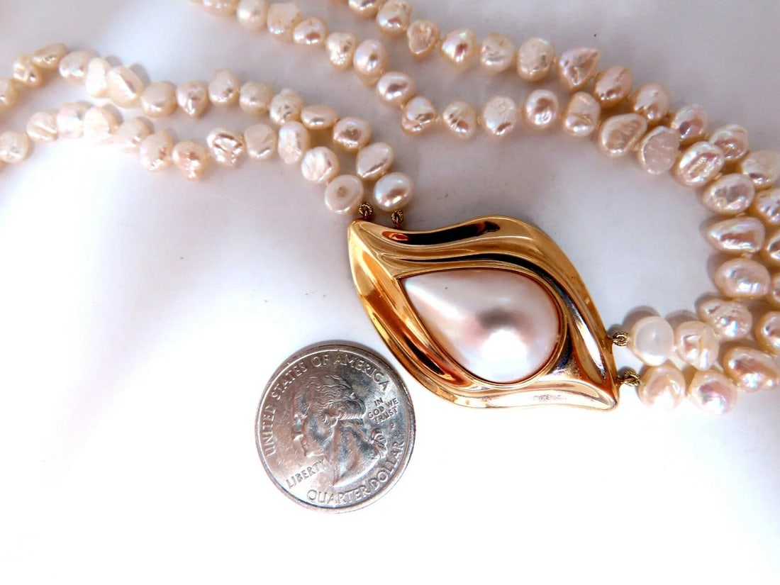 Mabe Pearl Fresh Water Double Stranded Bead Necklace 14kt 16 inch** - 3
