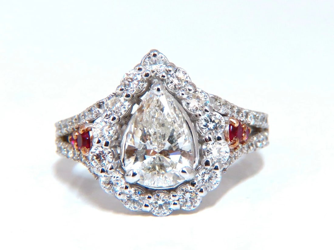 2.40ct Natural Pear Shaped Diamond Ruby Cocktail Halo Cluster Ring 14 Karat - 3