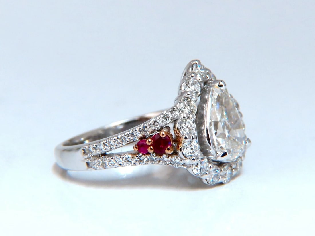 2.40ct Natural Pear Shaped Diamond Ruby Cocktail Halo Cluster Ring 14 Karat - 4