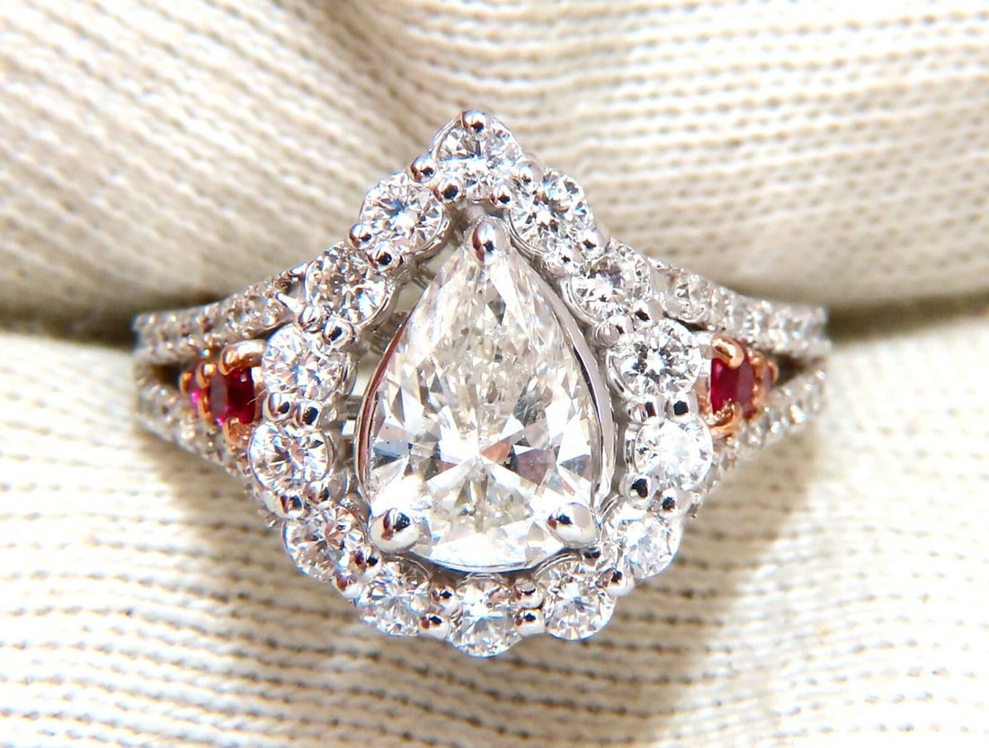 2.40ct Natural Pear Shaped Diamond Ruby Cocktail Halo Cluster Ring 14 Karat - 7