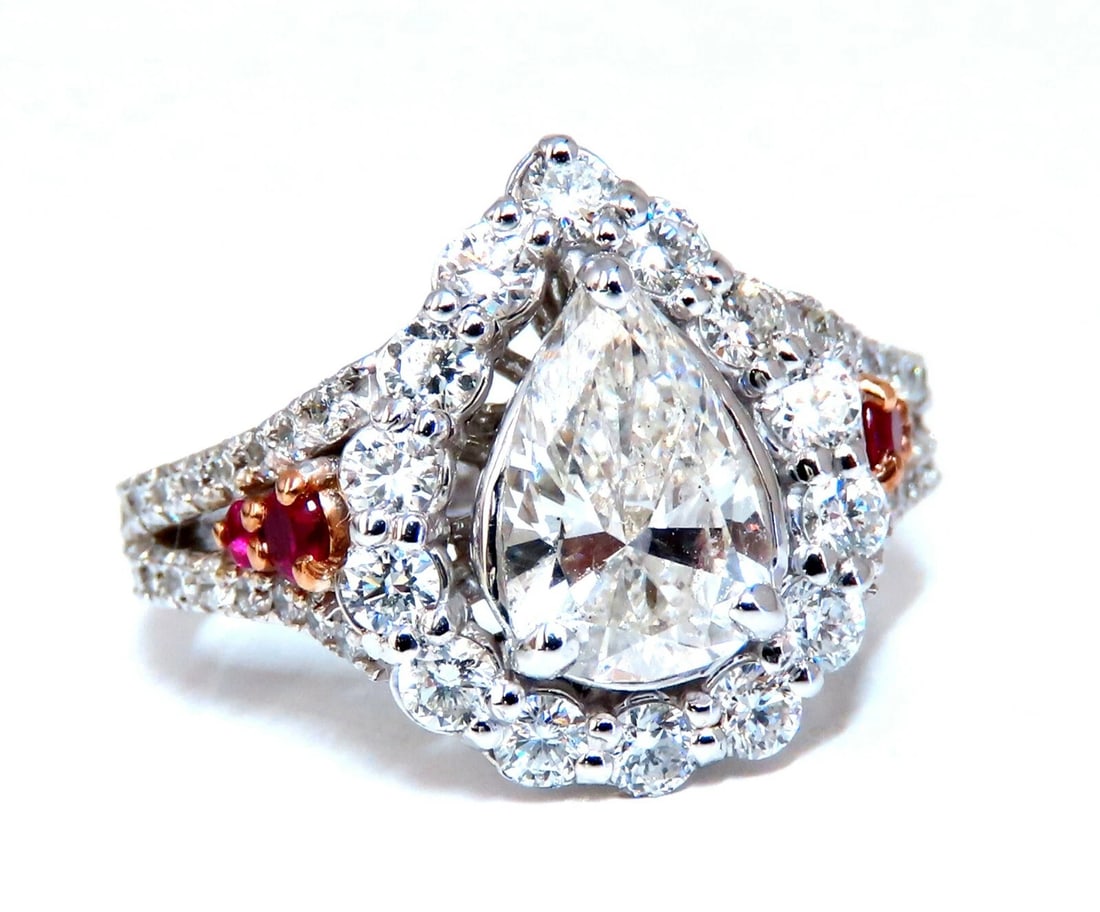 2.40ct Natural Pear Shaped Diamond Ruby Cocktail Halo Cluster Ring 14 Karat - 9