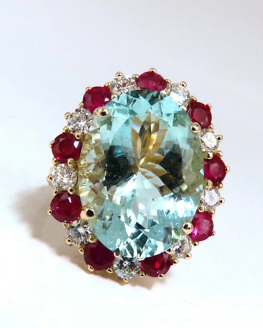 15.34ct Natural Aquamarine Ruby Diamonds Patriot Cluster Cocktail Ring 14 Karat (1 of 8)