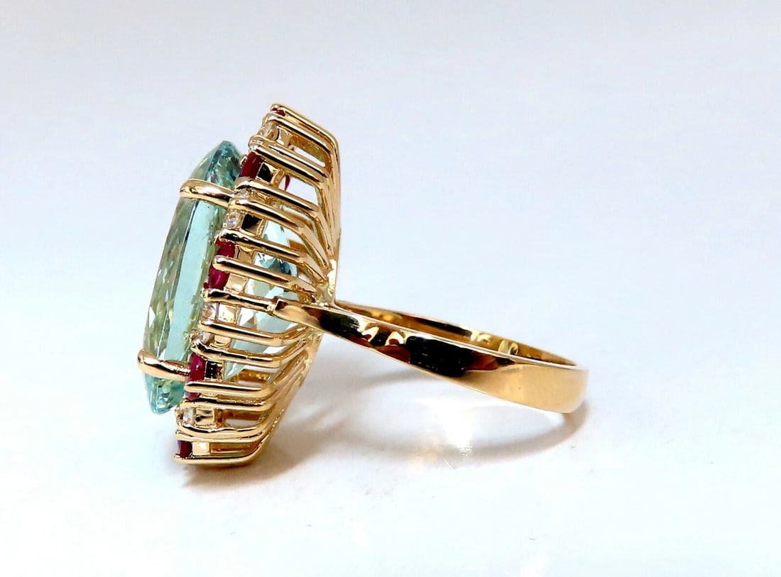 15.34ct Natural Aquamarine Ruby Diamonds Patriot Cluster Cocktail Ring 14 Karat - 3