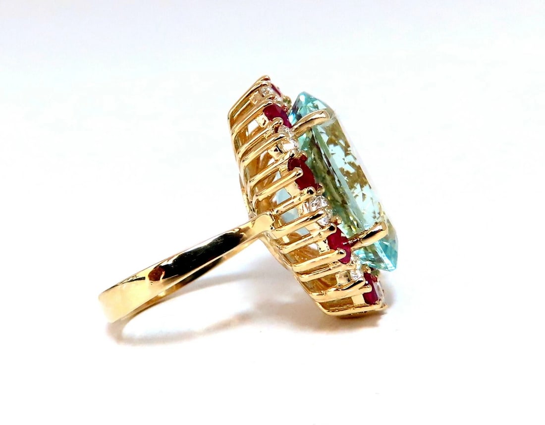 15.34ct Natural Aquamarine Ruby Diamonds Patriot Cluster Cocktail Ring 14 Karat - 4
