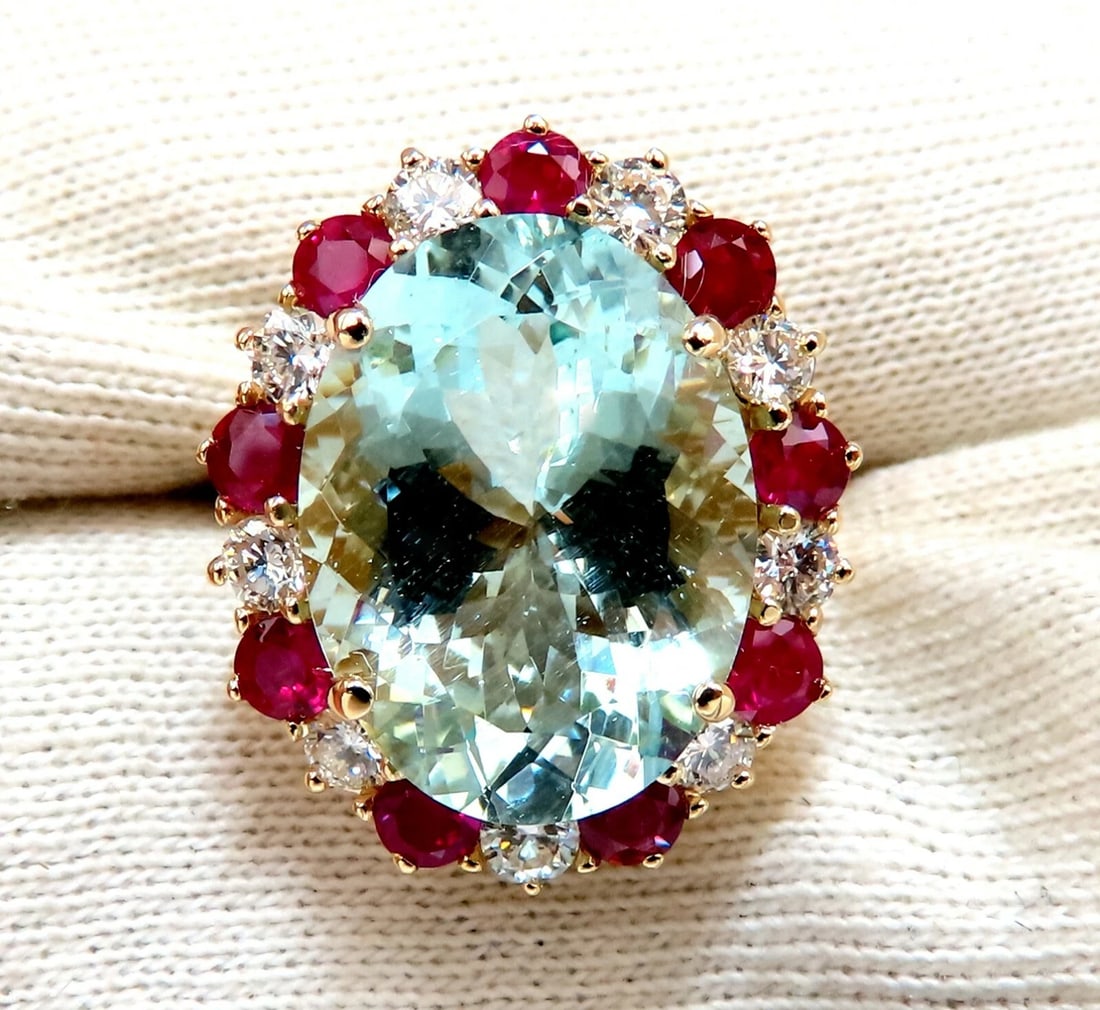 15.34ct Natural Aquamarine Ruby Diamonds Patriot Cluster Cocktail Ring 14 Karat - 6