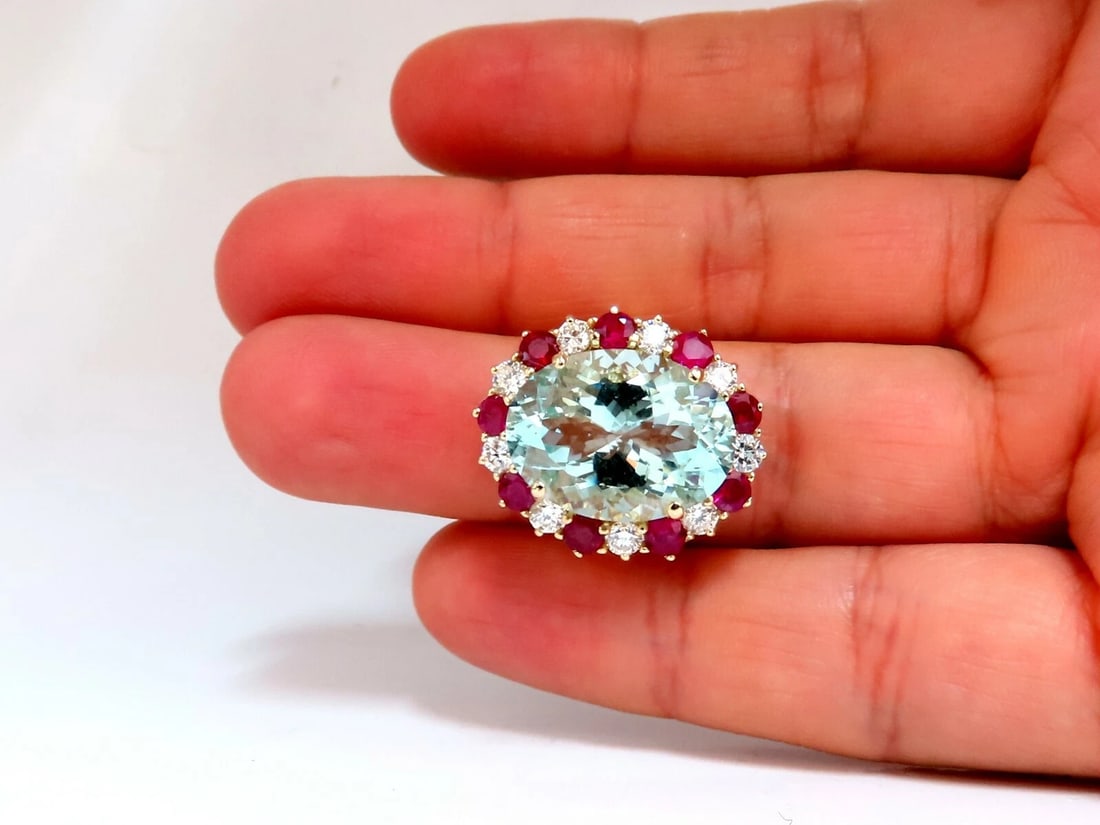 15.34ct Natural Aquamarine Ruby Diamonds Patriot Cluster Cocktail Ring 14 Karat - 7